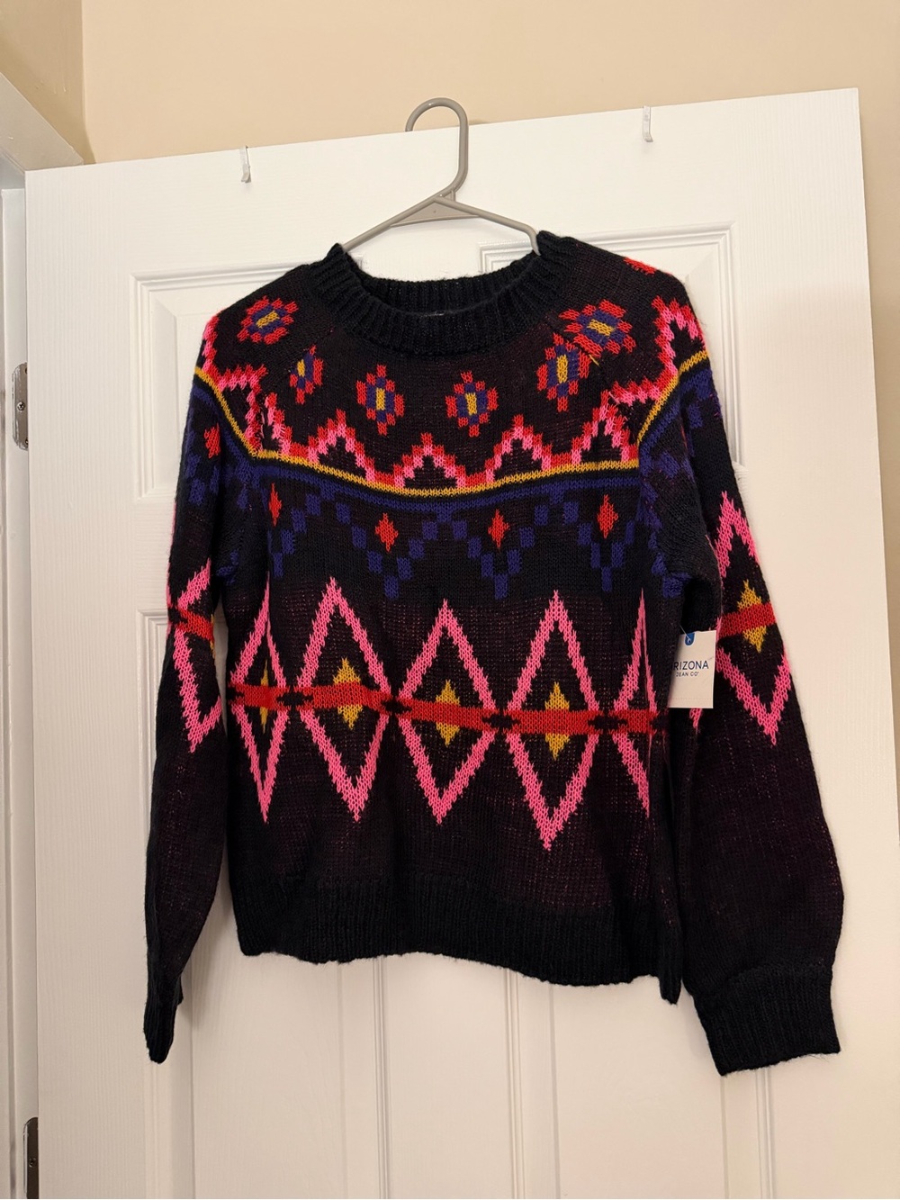 Arizona Jean Company Black Fair Isle Crewneck Sweater with Pink Accents